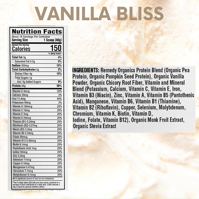 Remedy Organics Plant Based Protein Powder - Vanilla Bliss - 24g Non-GMO Protein, 4g Fiber, 1g Sugar, 21 Essential Vitamins & Minerals, Pre & Post Workout, No Seed Oils, Dairy-Free, Gluten-Free