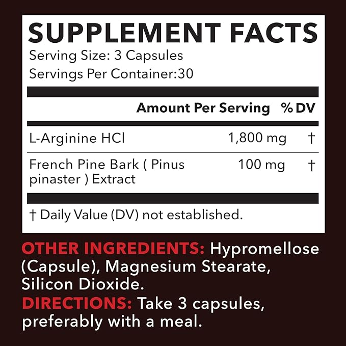 L-Arginine 1800mg and Pine Bark Extract 100mg - Nitric Oxide Supplement for Men - Performance Supplement for Men's Health - 90 Count - Endurance, Recovery Support - Vegan, Non-GMO Capsules