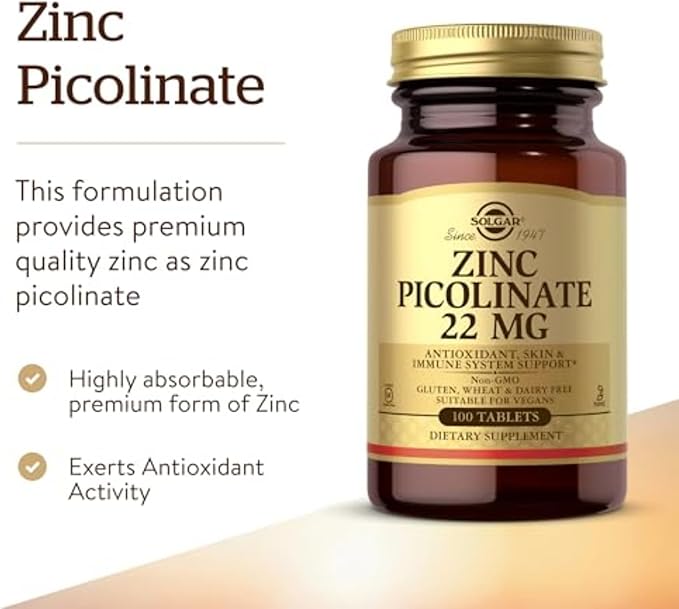 Solgar Zinc Picolinate 22 mg, 100 Tablets - Promotes Healthy Skin - Supports Immune System, Normal Taste & Vision - Antioxidant – Non-GMO, Vegan, Gluten Free, Kosher - 100 Servings