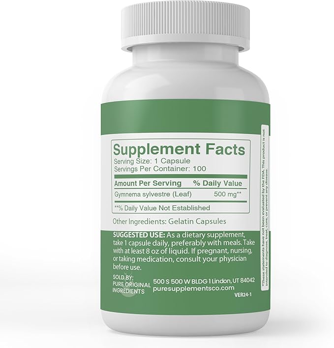 PURE ORIGINAL INGREDIENTS Gymnema Sylvestre, (100 Capsules), Always Pure, No Additives Or Fillers, Lab Verified