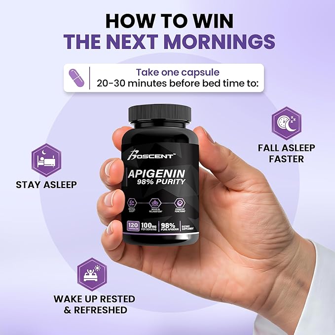 Apigenin Supplement 100mg from Chamomile Extract 120 Count - 98% purity- Apigenin Supplement for Sleep, Mood, Cognition, Prostate health - Excellent sleep aid, Non-GMO, No Fillers - 4-Month Supply