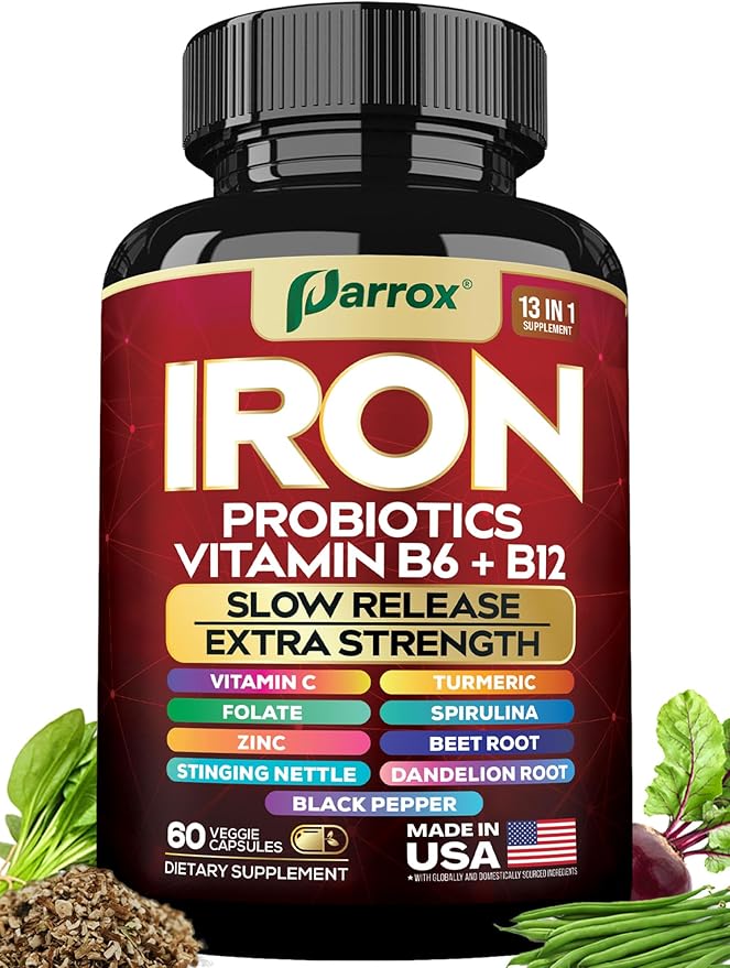 Iron Supplement with Slow Release Iron, Probiotics, Spirulina, Turmeric, Vitamin B6, B12, C, Zinc, Folate, Beetroot, Nettle Leaf, Dandelion Root, Black Pepper, Extra Strength, 60 Vegan Capsules