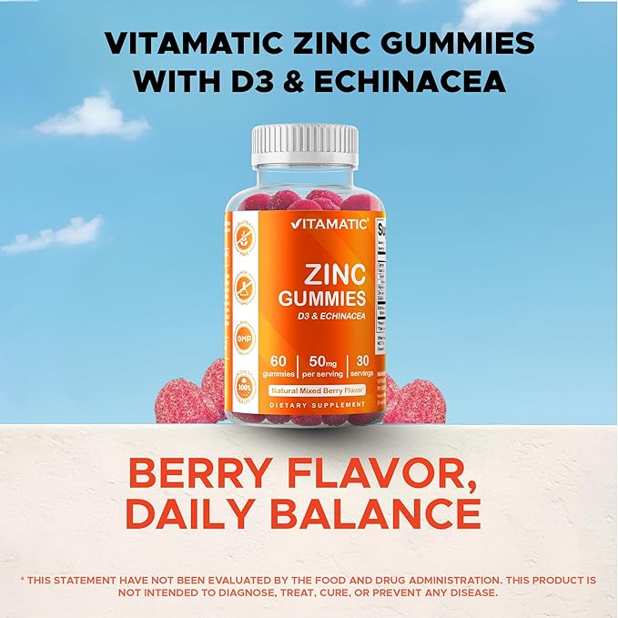 Vitamatic Zinc 50mg Gummies – 60 Vegan Gummies – Gluten-Free – 2 Pack
