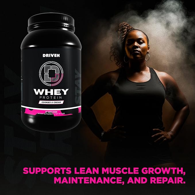Driven WHEY- Whey Protein Powder: Delicious, Clean Protein Shake- Improve Muscle Recovery with 23 Grams of Protein with Added BCAA and Digestive Enzymes (2lb, Cookies & Cream)