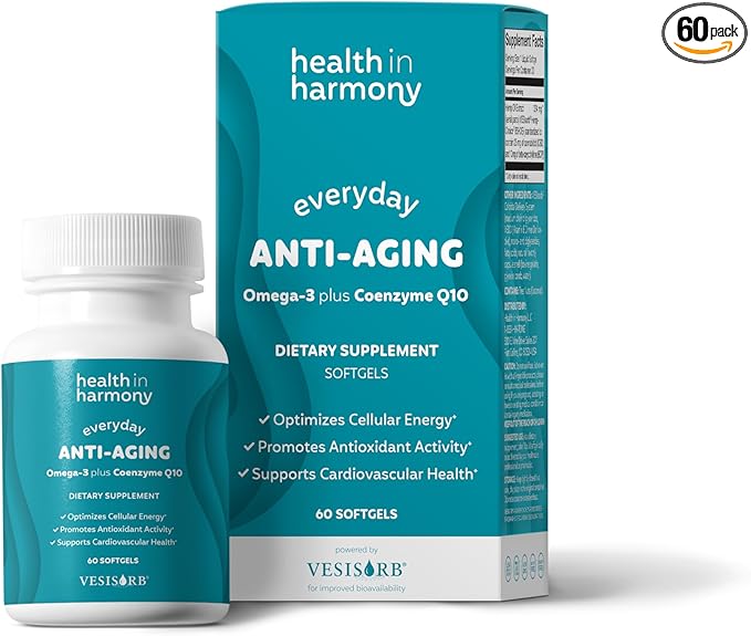 Everyday Anti-Aging Supplement - Omega 3 Fatty Acid Supplements + High Absorption Coq10 - Energy Supplements for Heart Health & Overall Vitality - Non GMO Softgels Powered by VesisorbĀ® (60 Ct)