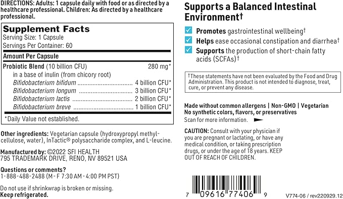 Klaire Labs SFI Health Ther-Biotic Factor 4-100% Bifidobacterium Probiotic - Bifidobacterium Bifidum with Breve, Lactis & Longum - Immune & Gut Health Support - Hypoallergenic (60 Caps / 2 Pack)