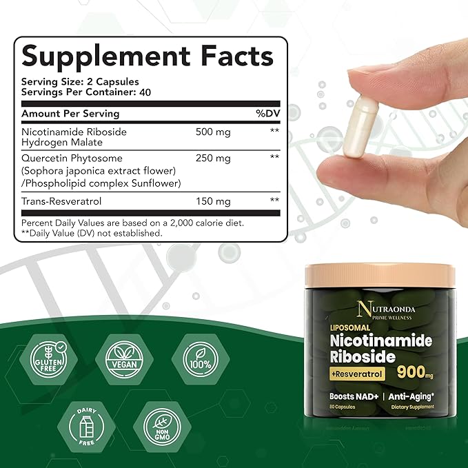 Liposomal Nicotinamide Riboside 900mg Resveratrol & Quercetin – NAD Supplement Plus for Anti Aging, Cellular Energy & Improve Health- 80 Capsules