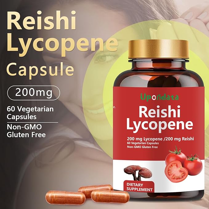 Lycopene Capsules, Natural Lycopene 200mg with Organic Reishi Mushroom 200mg Supplement for Prostate Health and Immune Support - Gluten-Free, Non-GMO, 60 Capsules (2 Pack)