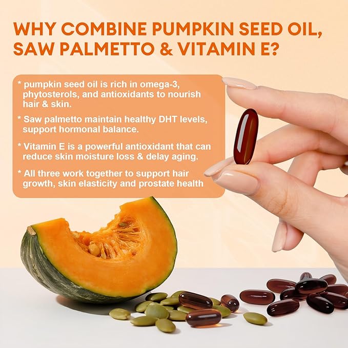 Pumpkin Seed Oil with Saw Palmetto Capsules, High Concentrated Pumpkin Seeds Oil Supplement, Cold Pressed, Supports Hair, Urinary, Bladder & Prostate Health, Vegan, Non-GMO, 180 Softgels