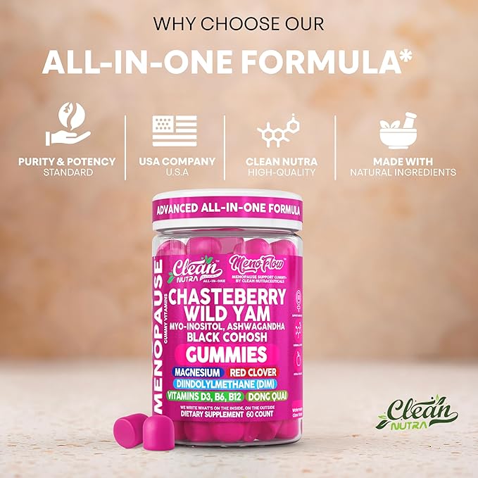 Clean Nutra Chasteberry Wild Yam Menopause Gummies Inositol Black Cohosh Magnesium Red Clover DIM Supplement B6 Magnesium Glycinate Glycine Vitex Hormone Balance for Women Gummy Vitamins 60 Count