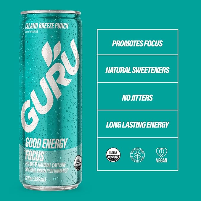 GURU Island Breeze Punch Organic Energy Drinks, Clean Energy Drink with Plant Based Natural Caffeine from Green Tea + Focus with L Theanine, Gluten Free and Vegan, 140MG Caffeine, 12oz (Pack of 24)