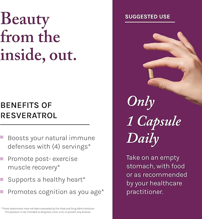 Reserveage Beauty, Resveratrol 250 mg, Antioxidant Supplement for Heart and Cellular Health, Supports Healthy Aging and Immune System, Paleo, Keto, 30 Capsules