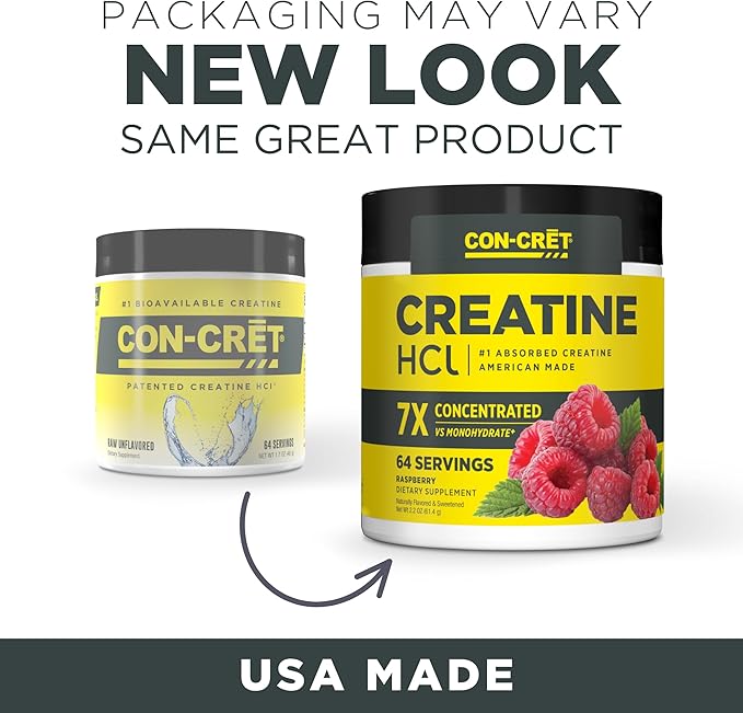 CON-CRET Creatine HCl Powder | Muscle, Cognitive, Cellular Energy Support | No Bloating or Cramps | USA Made & NSF Certified | Raspberry (64 Serving)
