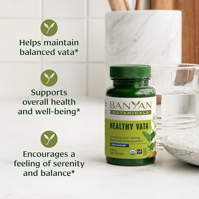 Banyan Botanicals Healthy Vata – Organic Herbal Supplement with Ashwagandha, Shatavari & Other Ayurvedic Herbs for Calm and Balanced Well-Being* – 90 Tablets – Non-GMO Sustainably Sourced Vegan