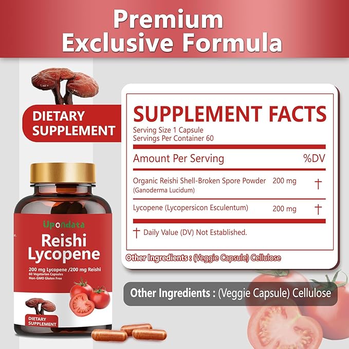 Lycopene Capsules, Natural Lycopene 200mg with Organic Reishi Mushroom 200mg Supplement for Prostate Health and Immune Support - Gluten-Free, Non-GMO, 60 Capsules (2 Pack)
