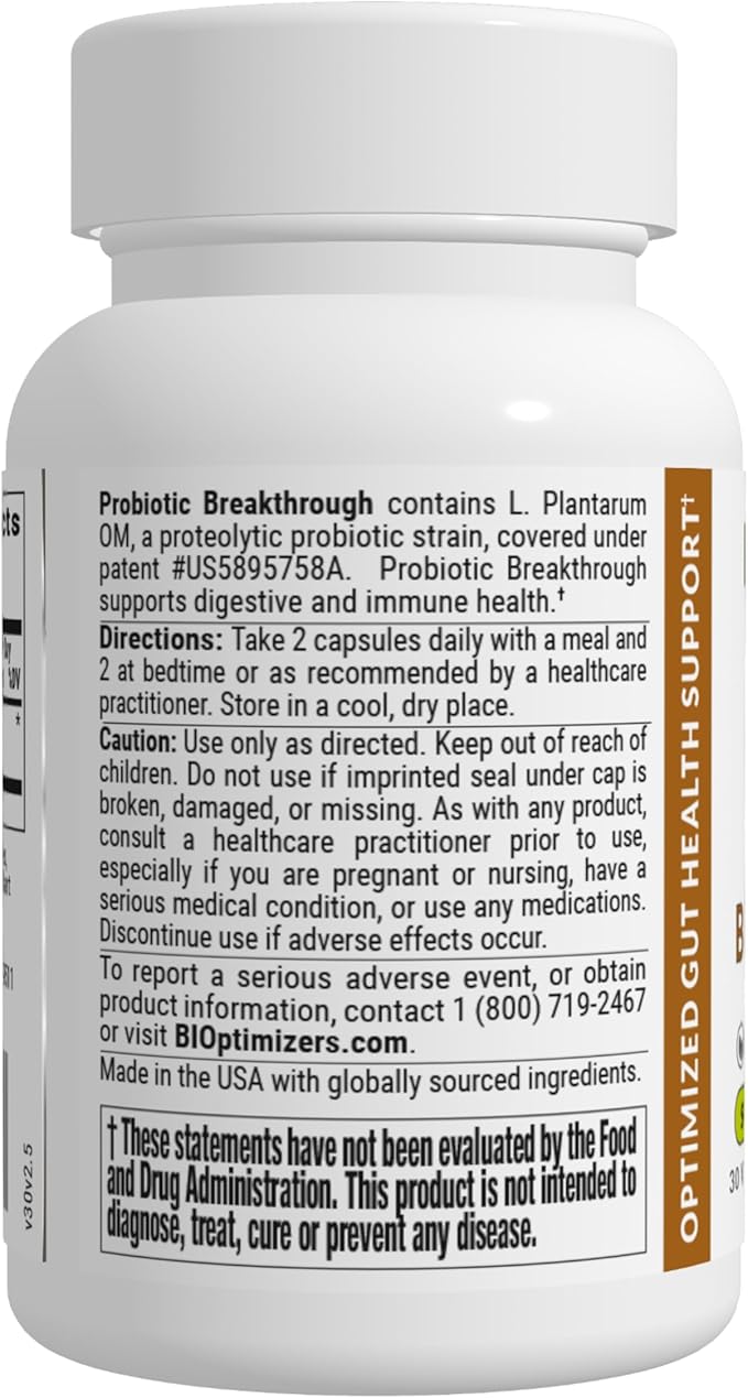 BiOptimizers Probiotic Breakthrough – Lactobacillus Plantarum OM Probiotics & Prebiotics Health Supplement for Gut, Digestive & Immune Support Probiotics for Women Men Elderly– 60 Vegan Capsules