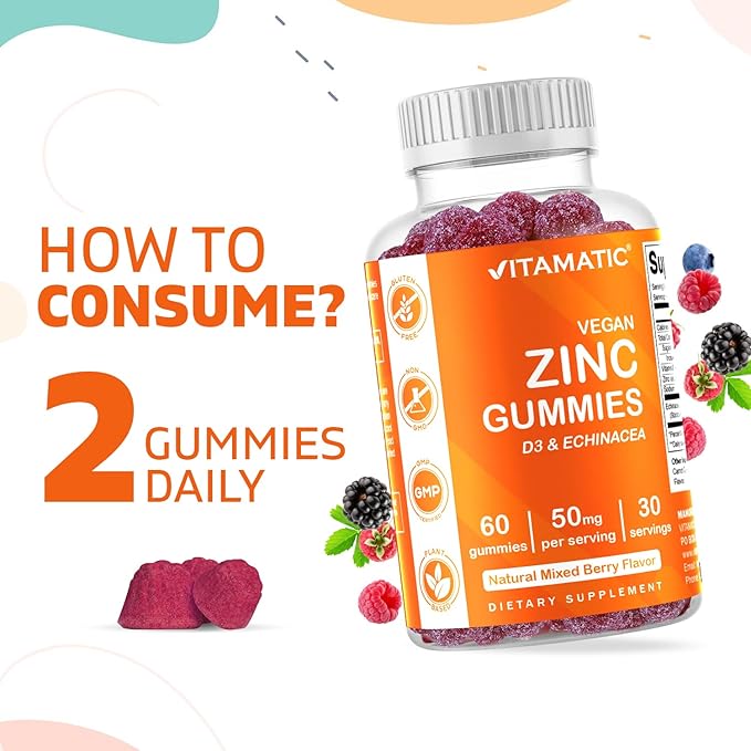 Vitamatic Zinc 50mg Gummies – 60 Vegan Gummies – Gluten-Free – 2 Pack