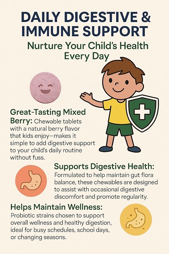 Children’s Probiotic, Chewable Gut Health Tablets for Kids, Supports Digestion, Immunity & Nutrient Absorption, No Artificial Additives, Mixed Berry, 60 Servings
