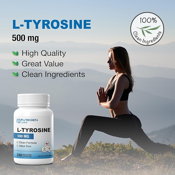 Puregen Labs L-Tyrosine 500 mg, 240 Vegetable Capsules | No Harmful Additives | Brain & Nervous System Support, Non-GMO, Vegan, Gluten Free, Dairy Free - 240 Servings - Made in USA