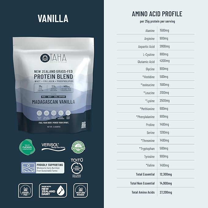 Taha Health & Nutrition Mind + Body Protein Blend – Madagascan Vanilla | 25g Protein from Whey & Collagen + 400mg Milk Phospholipids | Grass-Fed, Free-Range New Zealand Dairy | 2LB