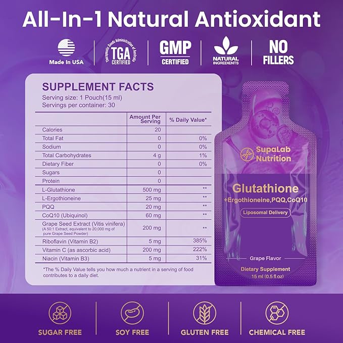 Liposomal Glutathione Supplement – 500mg Glutathione with PQQ, CoQ10 & Vitamin C – High Absorption Antioxidant for Immune & Energy Support – Grape Flavor, 30 Pouch