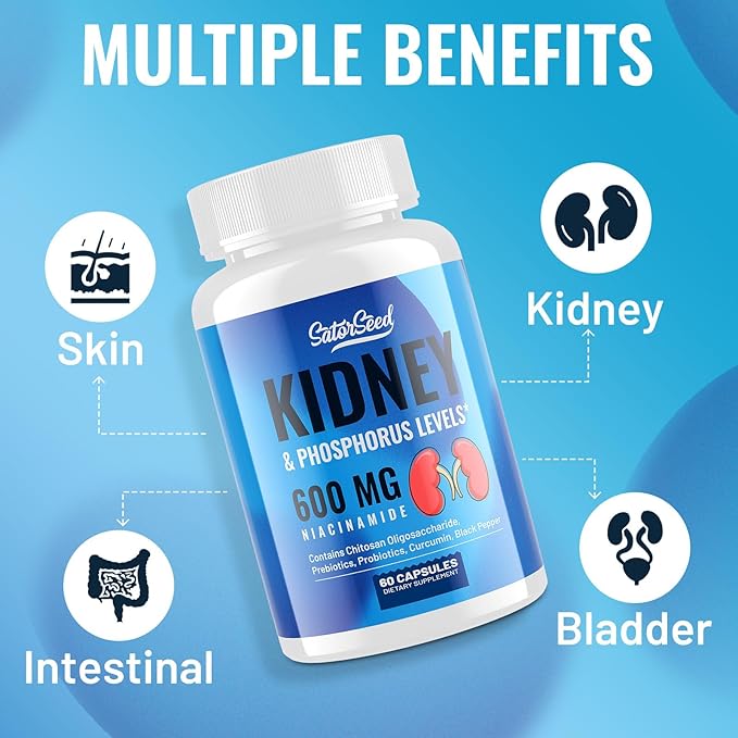 Kidney Cleanse Detox & Repair – Kidney Support Supplement with 600mg Niacinamide, Chitosan Oligosaccharide, Curcumin, Probiotics – Phosphorus Binder – 60 Capsules