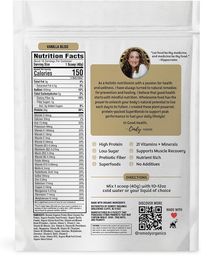 Remedy Organics Plant Based Protein Powder - Vanilla Bliss - 24g Non-GMO Protein, 4g Fiber, 1g Sugar, 21 Essential Vitamins & Minerals, Pre & Post Workout, No Seed Oils, Dairy-Free, Gluten-Free