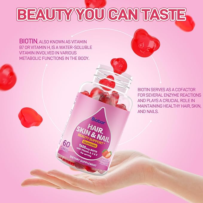 Natural Hair Skin and Nails Vitamins Gummies, 7600mcg Biotin Gummies for Women Men Beauty Support, Non-GMO, Gluten Free (Strawberry Flavor, 60 Count)