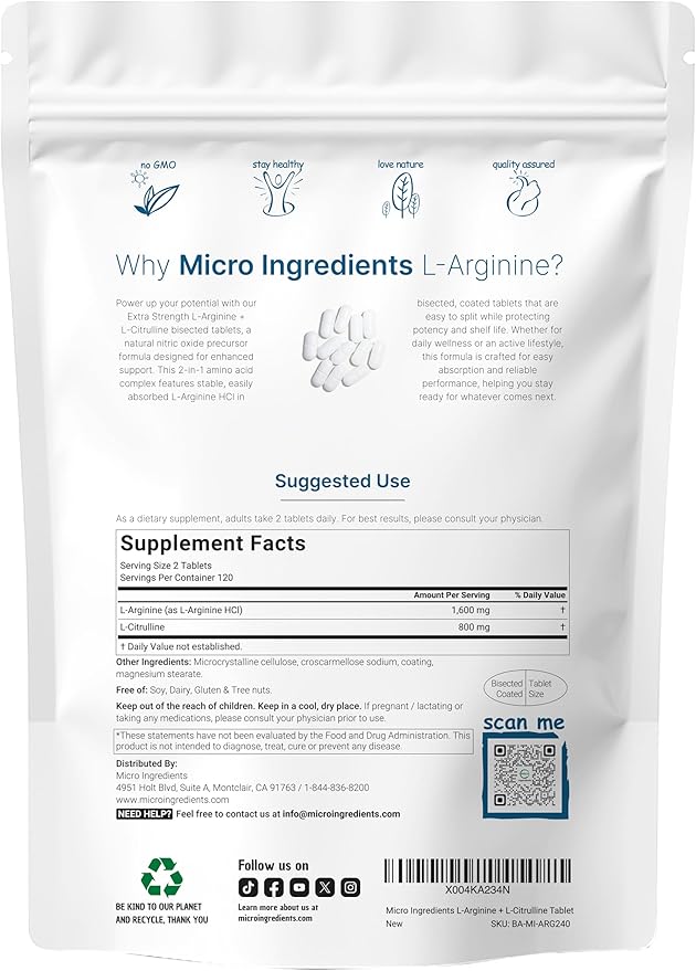 L-Arginine 1,600mg Nitric Oxide Supplement for Men with L-Citrulline, 240 Bisected Tablets | Nitric Oxide Precursor | Muscle, Energy, & Heart Support | Non-GMO, Gluten Free - 4 Month Supply