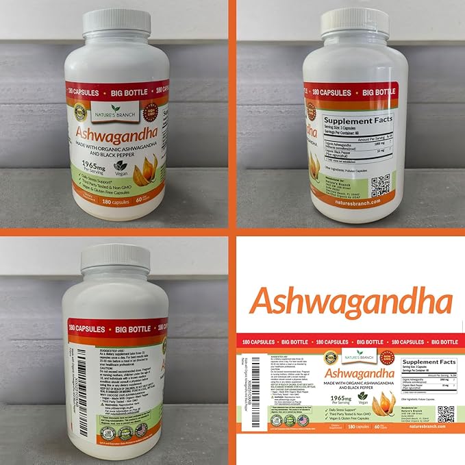 UDAF Verified Organic Ashwagandha with Black Pepper - 180 Capsules - 1965mg Extra Strength for Stress, Sleep, Mood, Thyroid, Focus, Hair, Vegan Pure Root Extract Powder - Men and Women Supplements