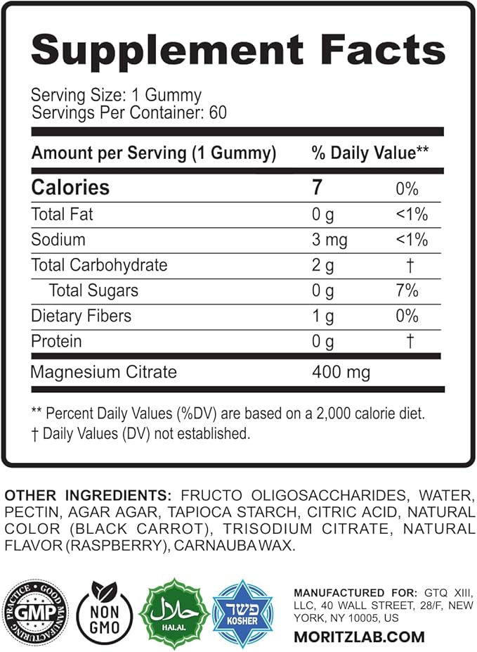 DR. MORITZ Magnesium Citrate Gummies Sugar-Free - Calm Magnesium Gummies Supplement for Children, Sugar -Supports Cardiovascular Health -Free Chews for Kids & Adults (60 Count)