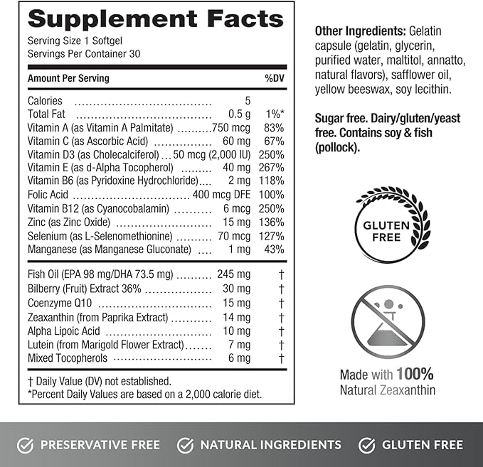 EyePromise Screen Shield All-in-One Eye Vitamin | Omega–3 Fish Oil, Bilberry, Lutein, Zeaxanthin, Vitamins A, C, B12, Zinc | 30 Count, Easy-Swallow Softgel Capsules