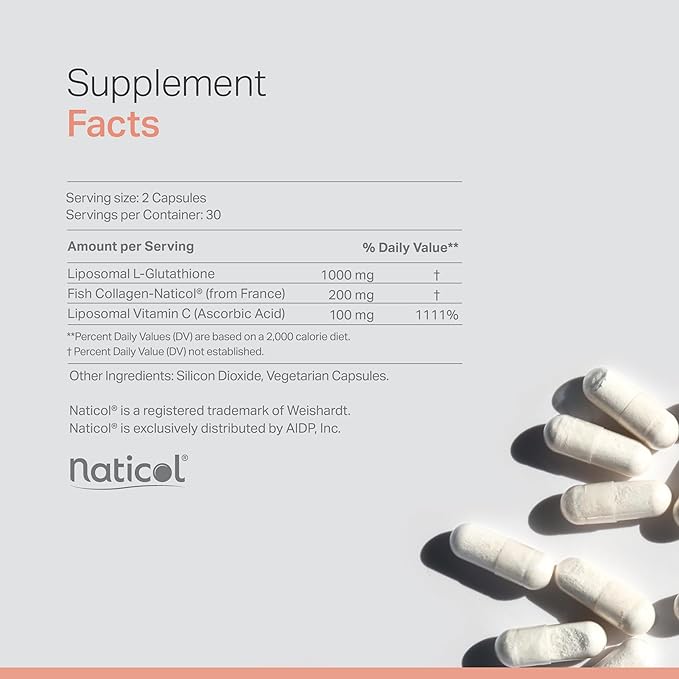 Liposomal Glutathione Supplement with Marine Collagen and Liposomal Vitamin C - Premium Skin Care Supplement - Enhanced Absorption Formula for Radiant Skin, Detox & Antioxidant Support - 60 Capsules