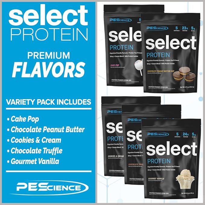PEScience Select Protein Powder Variety Pack - 5 Flavors - 25 Servings - Protein Powder Sample Pack, Whey and Casein Blend, Keto Friendly, Gluten Free, Digestion Friendly, Amazing Taste