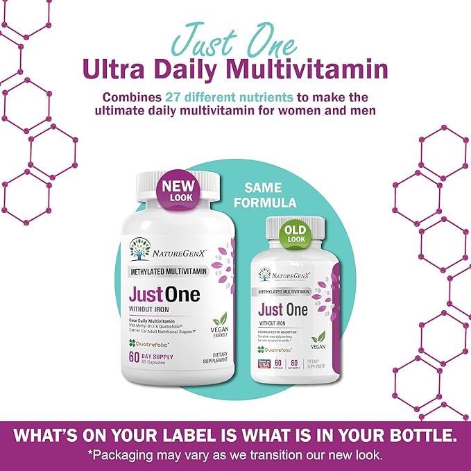 Just One Daily Methylated Multivitamin - 60 Caps Pure Methyl B12, Methylfolate MTHFR Support Supplement Iron Free Methylated Vitamins for Men & Women 2 Months Supply Gluten Free