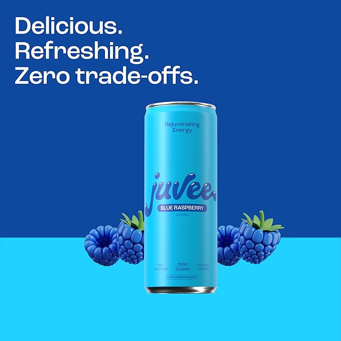 Juvee Rejuvenating Energy Drink. Sugar Free Energy Drinks. Taurine, Vitamin B12, Vitamin B6. 128 Mg Of Caffeine. L-Theanine For Mood Support. Panax Ginseng For Focus. Vitamin C For Immune Support. Gluten Free 12 oz - 12 Pack - Blue Raspberry