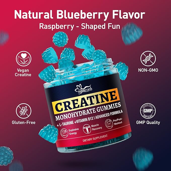 Creatine Gummies for Men & Women - Blueberry, 60 Chews | 5g Creatine per Serving | Delicious Sugar-Free Supplement for Muscle Support