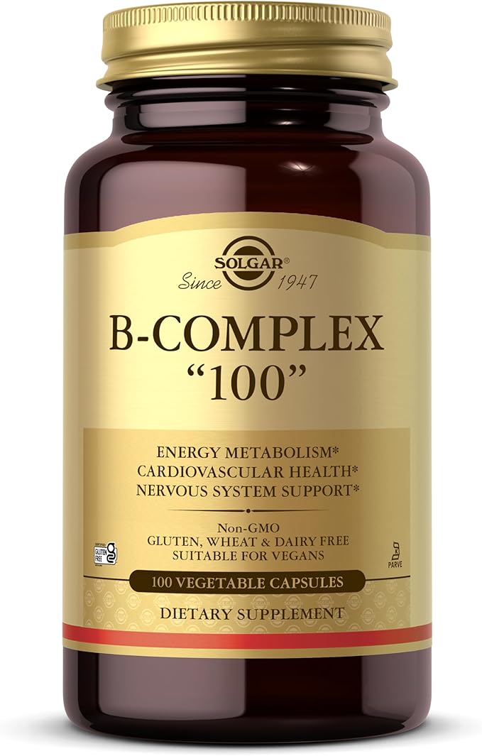 Solgar B-Complex "100", 100 Vegetable Capsules - Nervous System Support - Supports Energy Metabolism - Non-GMO, Vegan, Gluten Free, Dairy Free, Kosher - 100 Servings