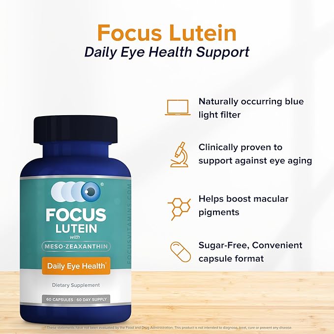 Focus Lutein for Eyes with Meso-Zeaxanthin, Eye Vitamin Supplement, 60 Count, 60 Day Supply, Daily Vision Support for Digital Screens, Bright Lights, Sunlight, Vegan and Sugar-Free, Made in USA