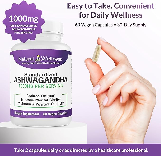 Natural Wellness Ashwagandha Root Extract 1000 mg – Supports Stress Relief, Mood, Sleep, and Energy – 60 Vegan Capsules, 30-Day Supply
