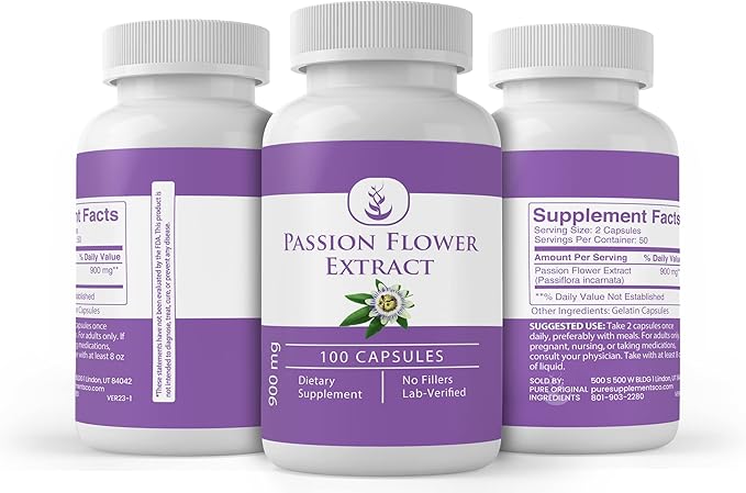 PURE ORIGINAL INGREDIENTS Passion Flower Extract, (100 Capsules) Always Pure, No Additives or Fillers, Lab Verified