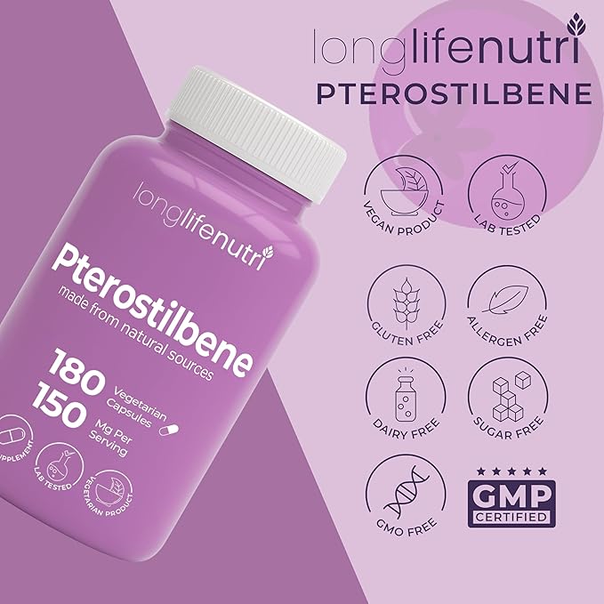 Pterostilbene Supplement 150mg, Elevate Cellular Energy, 180 Vegan Capsules, 3 Month Supply, Pure Organic Pterostilbene Extract, Made in USA, Non GMO, Clean Label, Easy Swallow Antioxidant Support