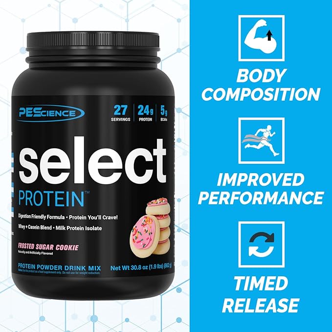 PEScience Select Protein Powder, Whey and Casein Blend, Clean Protein Powder for Women and Men, Low Calorie, Low Carb, Keto Friendly, Gluten Free - Frosted Sugar Cookie - 27 Servings