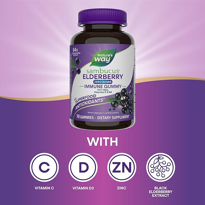 Nature's Way Sambucus Zero Sugar Immune Gummies, Daily Immune Support*, Black Elderberry Extract, Vitamin C, Vitamin D3, Zinc, Sugar Free, Sugar Alcohol Free, Plant-Based Sweeteners, 70 Gummies