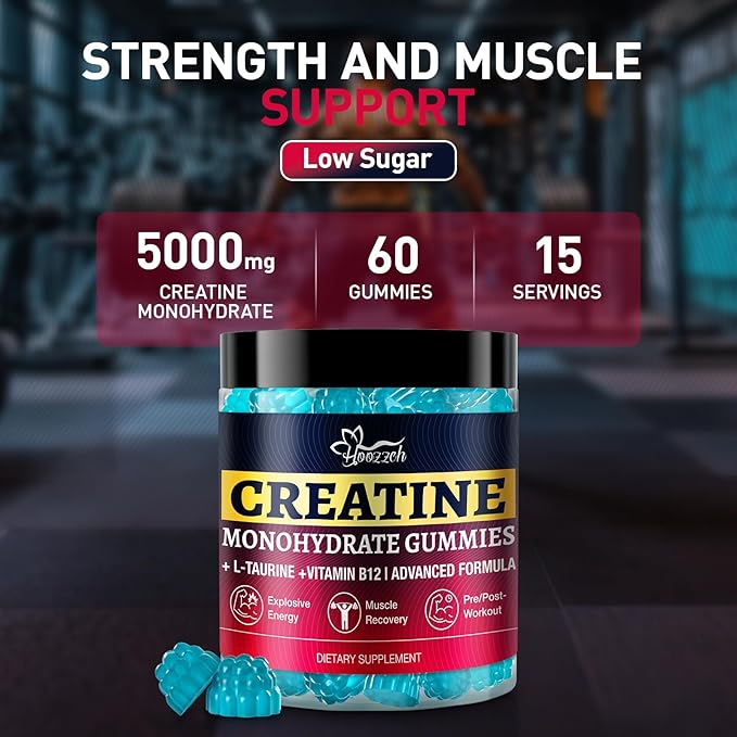 Creatine Gummies for Men & Women - Blueberry, 60 Chews | 5g Creatine per Serving | Delicious Sugar-Free Supplement for Muscle Support