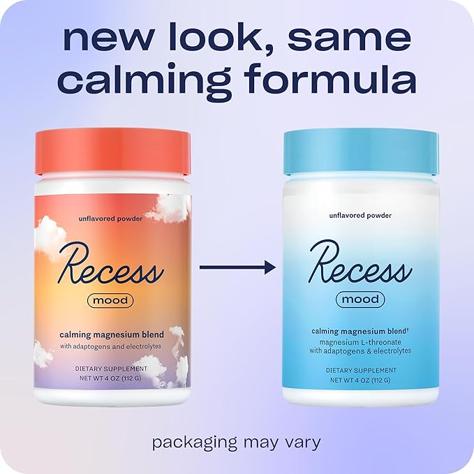 Recess Mood Powder, Calming Magnesium L-Threonate Blend with Passion Flower, L-Theanine, Electrolytes, Magnesium Calm Support Powder Supplement - Unflavored 28 Serving Tub