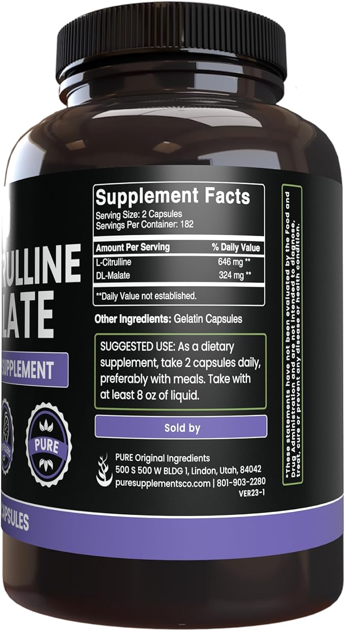 PURE ORIGINAL INGREDIENTS L-Citrulline DL-Malate 2:1 (365 Capsules) No Magnesium Or Rice Fillers, Always Pure, Lab Verified