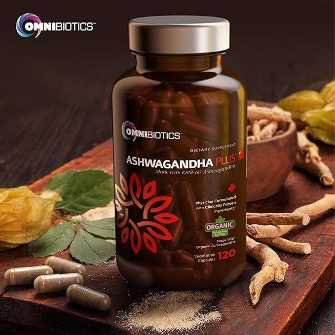 OmniBiotics Organic Ashwagandha Supplement β 1300mg Total Strength β 900mg Organic Root Powder & 400mg KSM-66 Extract β Stress Relief, Mood & Sleep Support β Non-GMO β 120 Vegan Capsules
