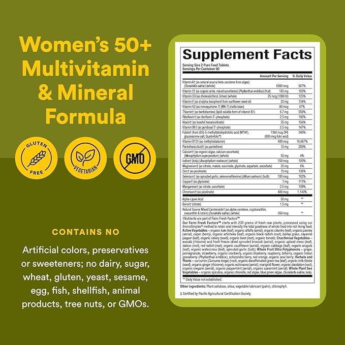 Natural Factors Whole Earth & Sea Women's 50+ Multivitamin & Mineral, 1 Serving Contains Nutrition Equivalent to ½ lb of Veggies, 120 Tablets