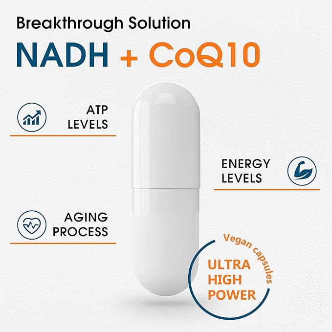 NADH 50mg + CoQ10 200mg + D-Ribose 150mg Supplement, Enhance NAD+ Supplement for Energy, Fatigue, Reduced Nicotinamide Adenine Dinucleotide, 120 Veggie Capsules